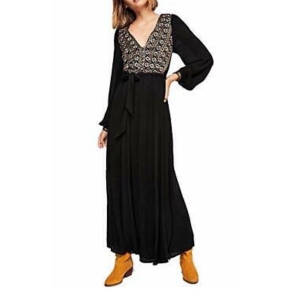 FREE‎ PEOPLE Women's Size XS HEARTS DESIRE EMBROIDERED Maxi BLACK DRESS NEW